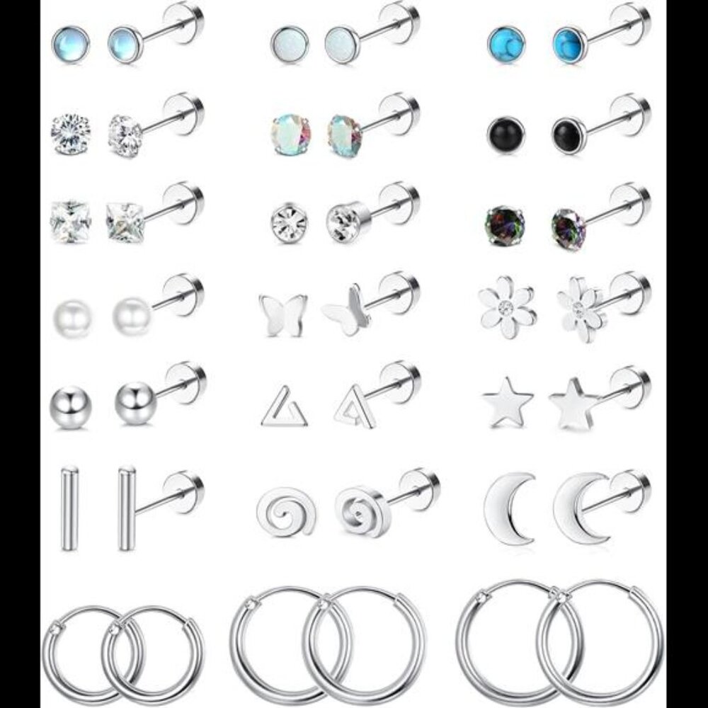21Pairs Surgical Steel Flat Back Earrings Hypoallergenic 20G Screw Back Nap